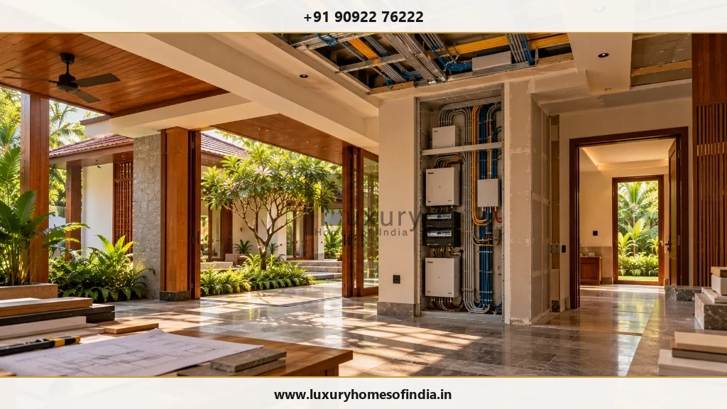 South Indian villa service planning with discreet network and equipment provisions