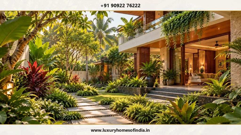 Stepping stone pathways winding through lush tropical flora and shaded verandah transitions