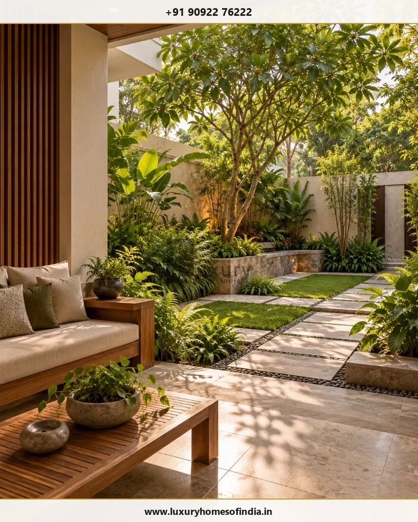 A climate-conscious Indian courtyard with shaded seating, local planting and clear rainwater drainage