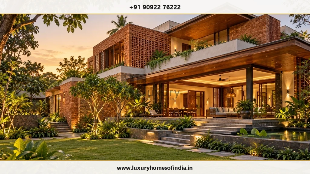 Karnataka laterite-clad residence with a restrained contemporary massing and tropical landscape