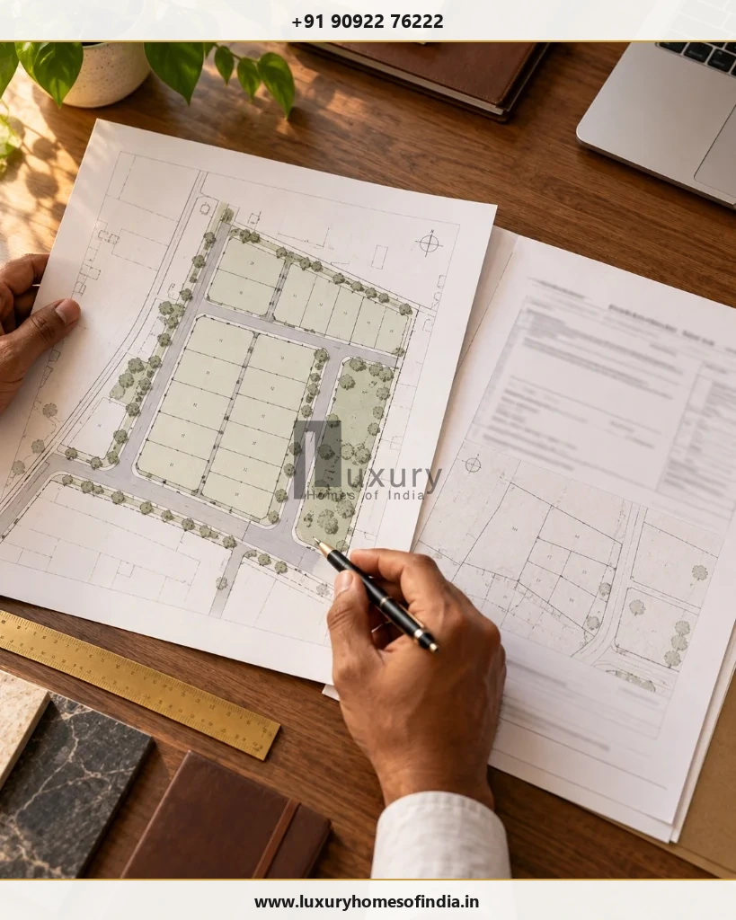 CMDA approved layout map being compared with plot layout blueprint