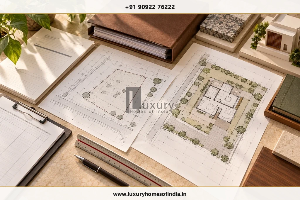 Registered architect's workspace with land-survey sketch, legal file, site plan and residential drawing set arranged for CMDA preparation