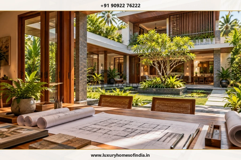 Tamil contemporary villa represented through architectural plans, sections and a restrained material palette