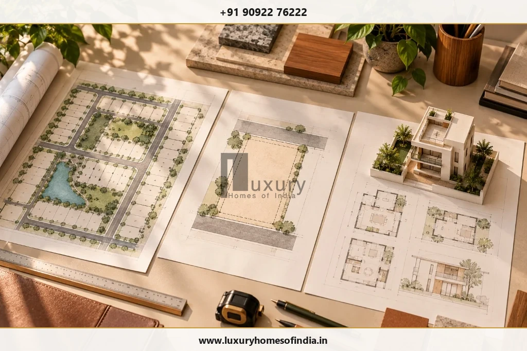 A clean three-stage visual showing layout assessment, individual plot verification and building-permission assessment