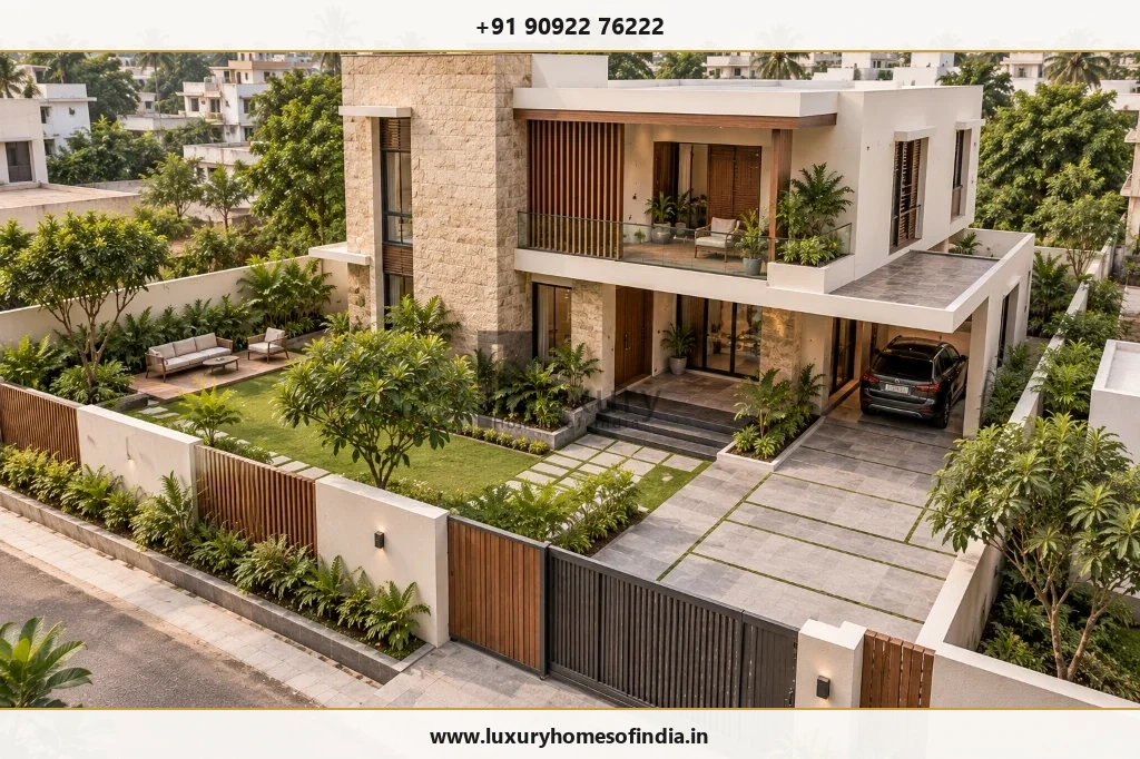 Contemporary Tamil Nadu residence with visible site boundary and landscape