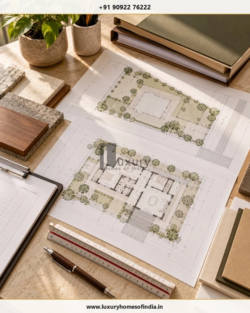 Property-verification desk with site survey, layout drawing and building plan