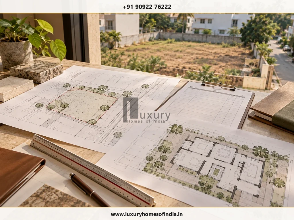 Property-document review scene showing survey sketch, approved layout drawing and site plan