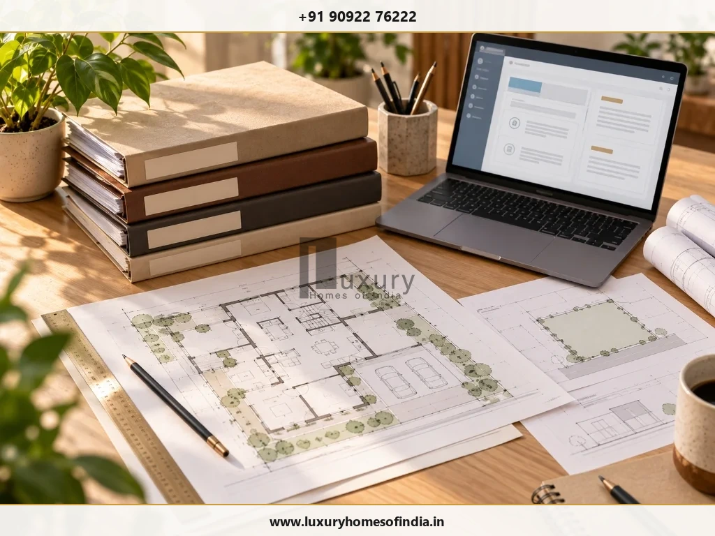Organised property and planning records beside a laptop displaying CMWSSB application portal