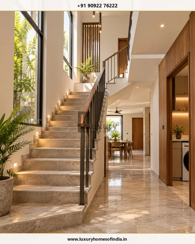 Conceptual compact-house planning study highlighting stairs, ventilation and aligned service zones