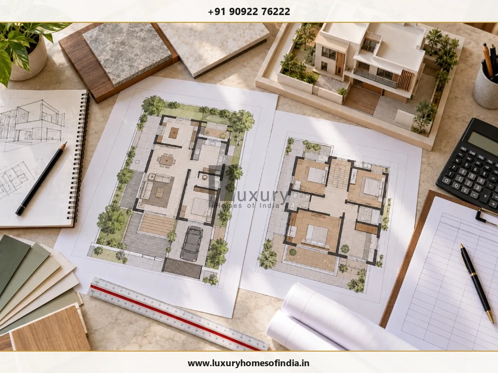A professionally presented comparison of compact home layouts illustrating how floor area and room arrangement affect planning