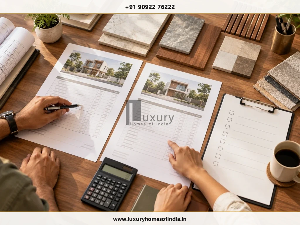 Homeowner comparing two itemised construction quotations, inclusions and exclusions on a desk