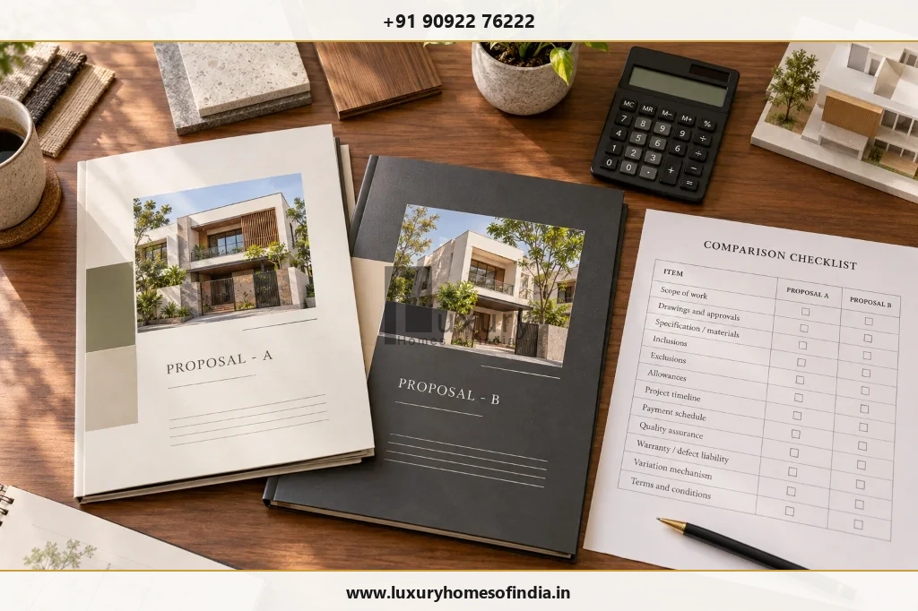 Comparison checklist documents comparing Proposal A vs Proposal B for home construction