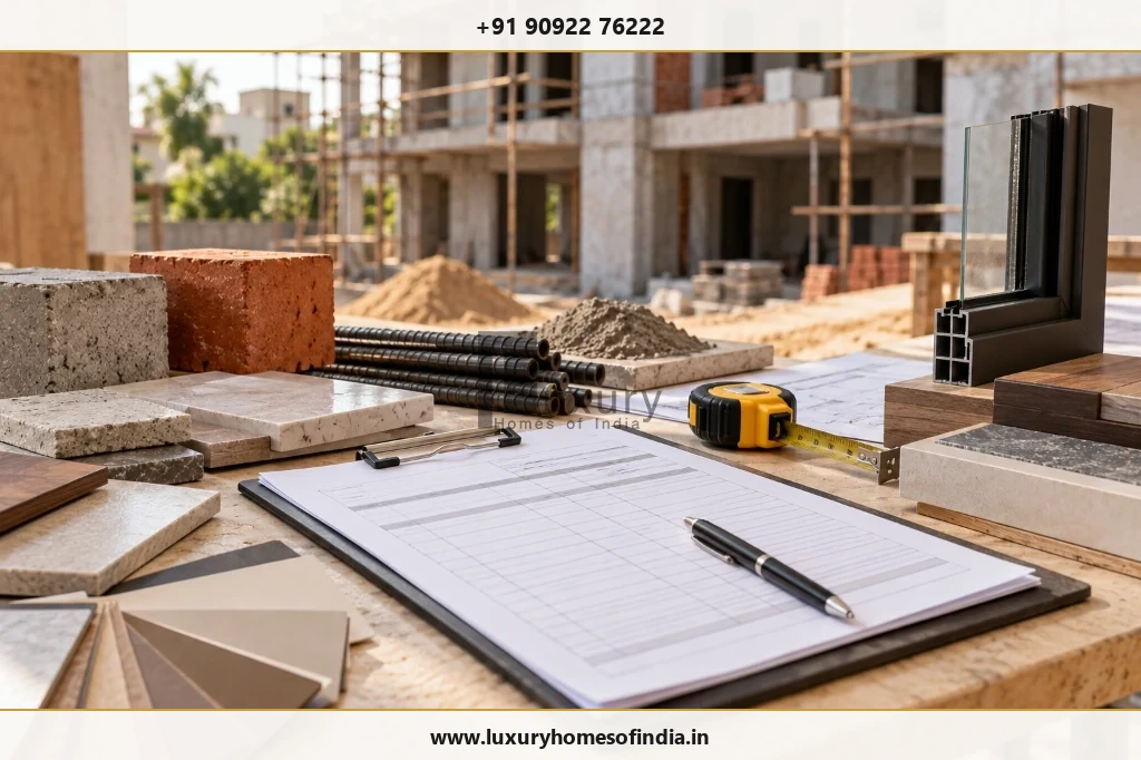Construction site desk with BOQ clipboard, structural rebar, masonry blocks, and window specifications.
