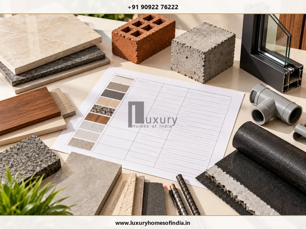 Construction material specification schedule on desk surrounded by physical samples of tiles, bricks, blocks, PVC pipes, and rebar