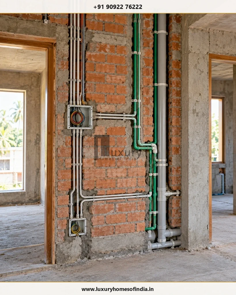 Concealed electrical conduits and plumbing pipe routes installed on brick wall before internal plastering