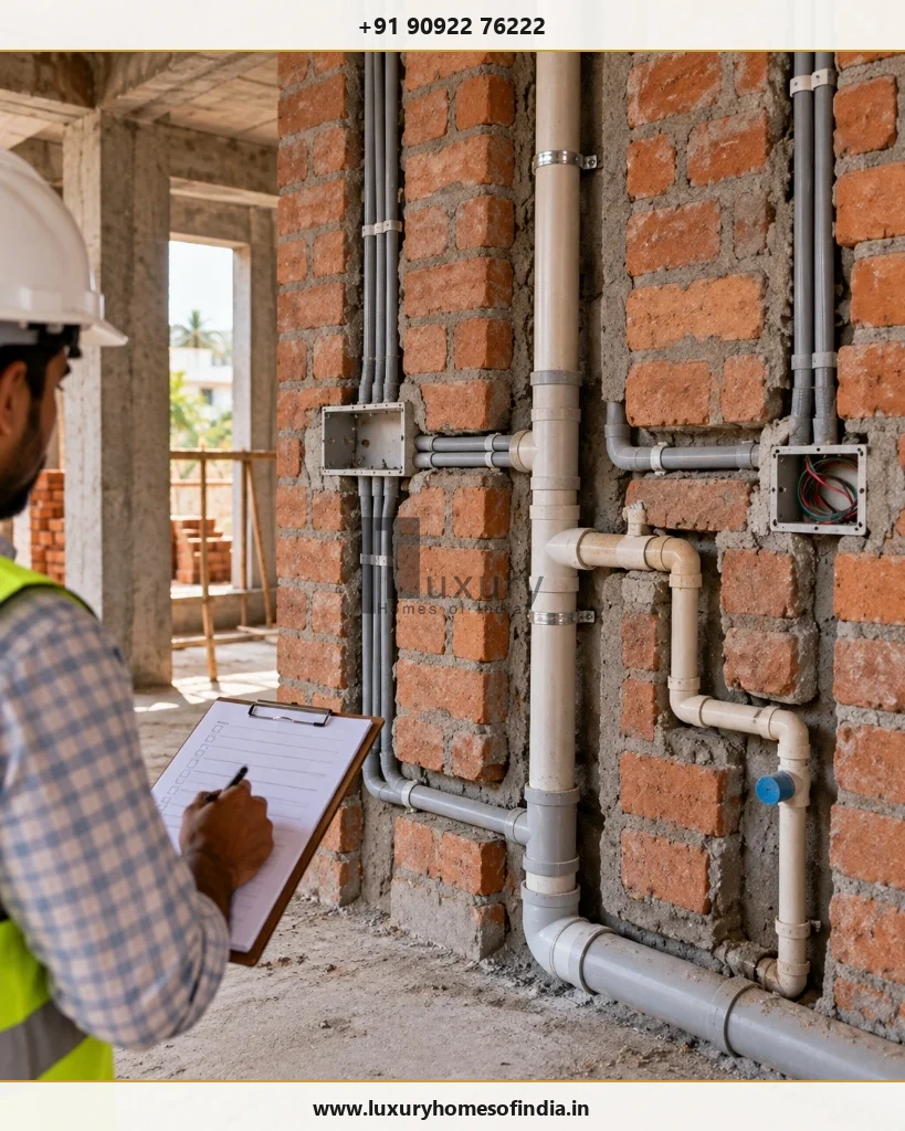 Close-up documentation of concealed plumbing and electrical services before wall closure with inspection record