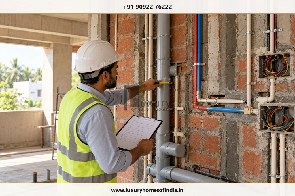 Engineer inspecting concealed plumbing and electrical services before finishes cover them