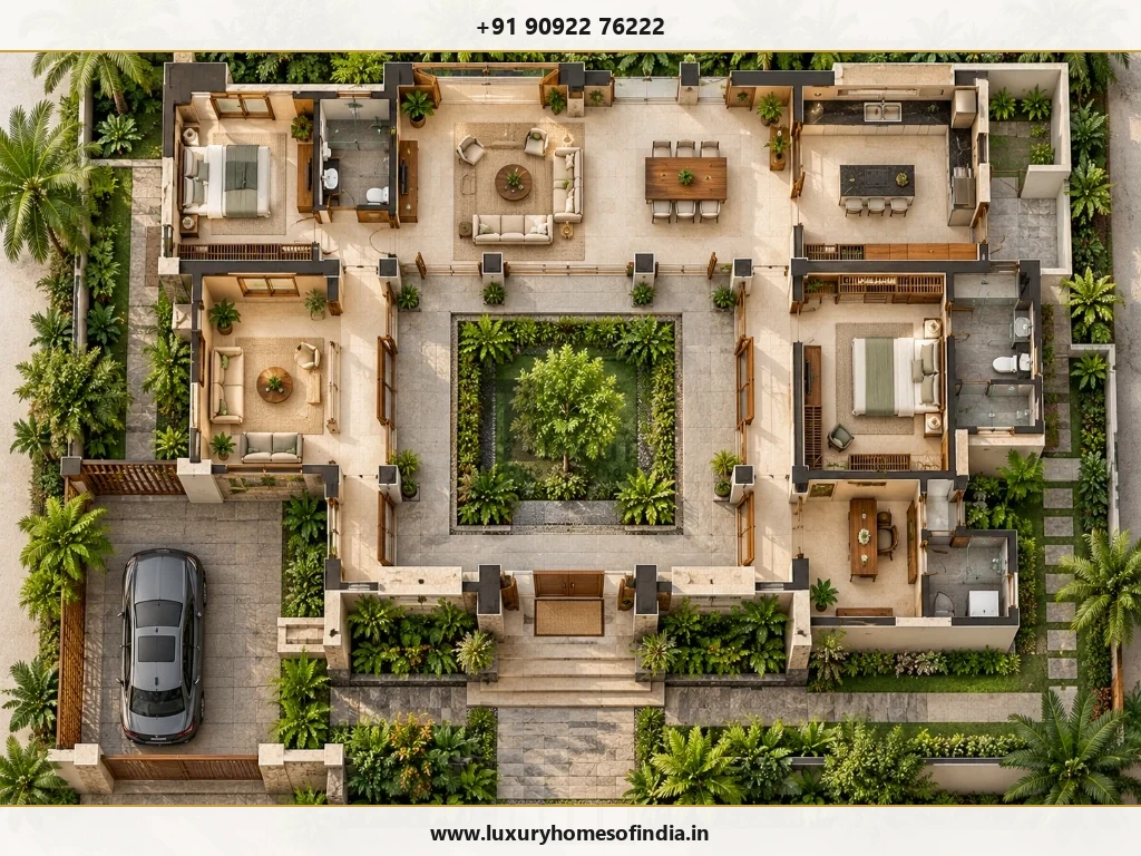 Conceptual South Indian home planning illustration showing indoor-outdoor relationships in Chennai