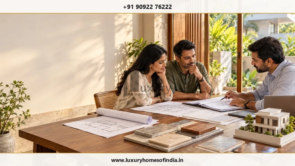 Homeowner and architect reviewing a residential construction agreement beside a villa design