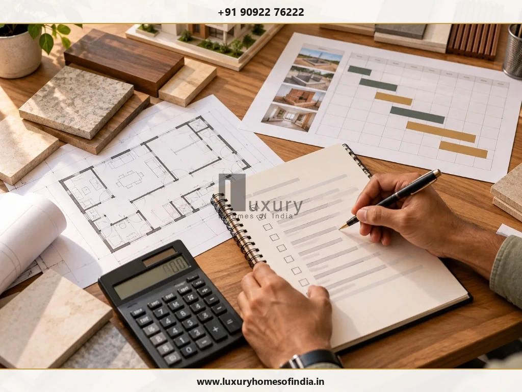 A construction-stage review with a BOQ checklist, material samples and milestone records