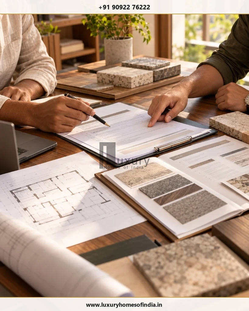 Client and architect hands reviewing construction contract clauses with pen pointing to terms alongside blueprints and material samples