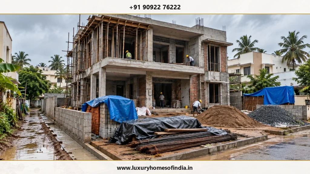 Chennai residential construction site with monsoon-ready drainage and protected building work