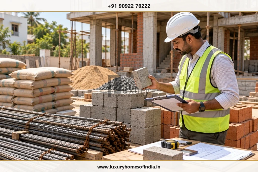 Site engineer in white helmet inspecting concrete block and building materials on construction site with clipboard and drawings