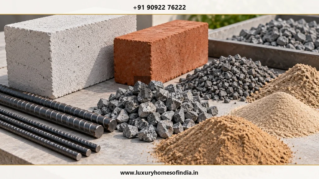 Clay masonry, AAC block, reinforcement steel and concrete aggregate presented as a labelled photorealistic material study