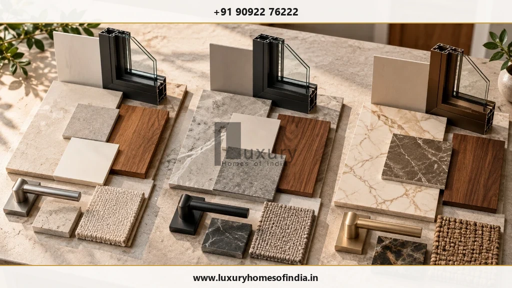 Three coordinated material palettes illustrating differences in specification and finish allowances