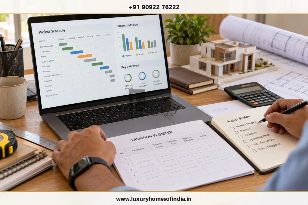 Construction budget dashboard showing contract value, payments, variation register and milestone status
