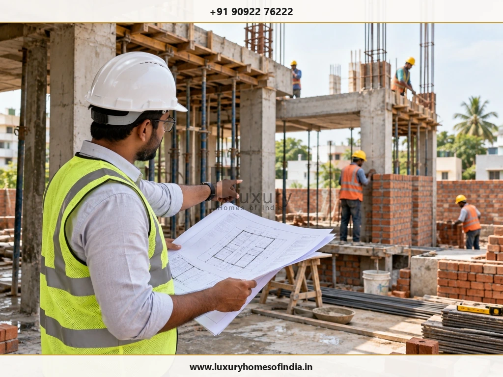 Site engineer holding architectural drawings while supervising structural brickwork and concrete framing on an active residential construction site.