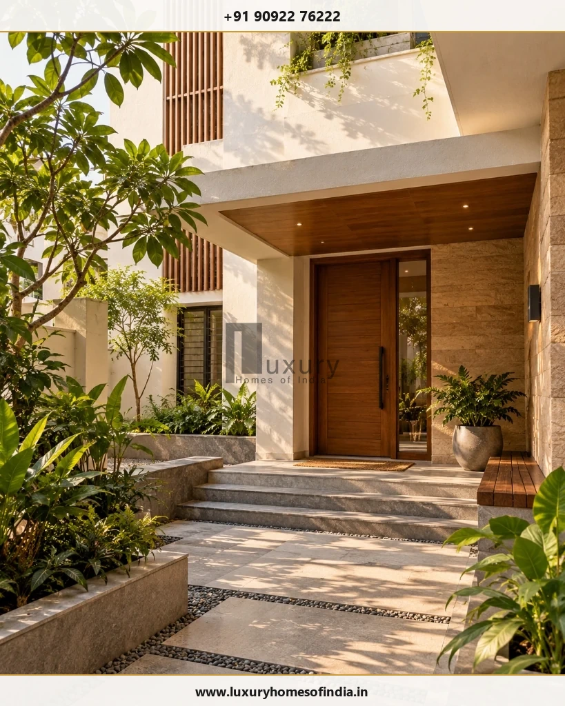 Contemporary Chennai residence entrance veranda showing teak door and landscape detailing