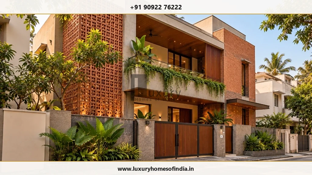 Contemporary tropical luxury home with terracotta jaali screen facade and wooden louvers