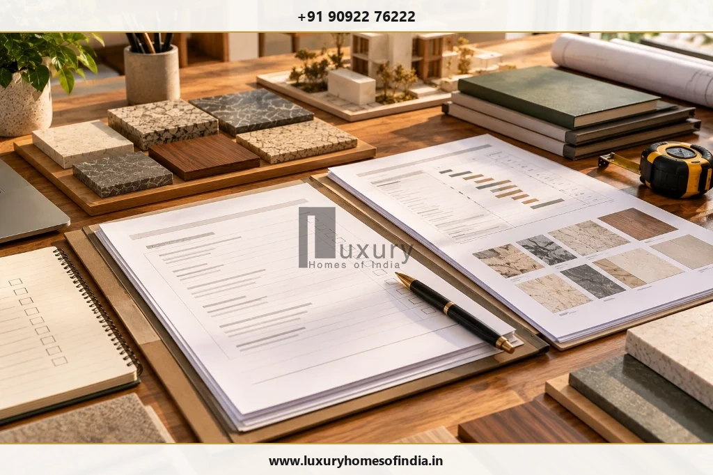 Pre-appointment checklist portfolio binder with schedule charts, tape measure and stone samples on table