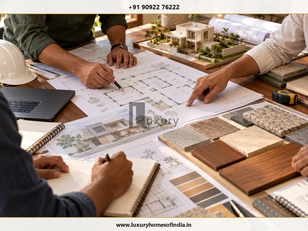 Client, architect, and contractor reviewing architectural drawings and discussing responsibilities around a table with material samples