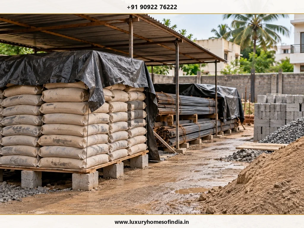 Covered construction material storage yard with cement bags on wooden pallets under tarpaulin and bundled rebar