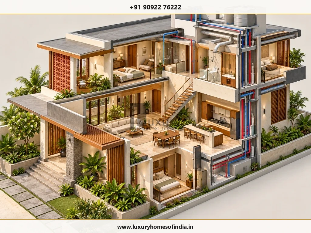 3D architectural cutaway diagram showing structure, MEP services, plumbing stacks, ducting and interior spaces