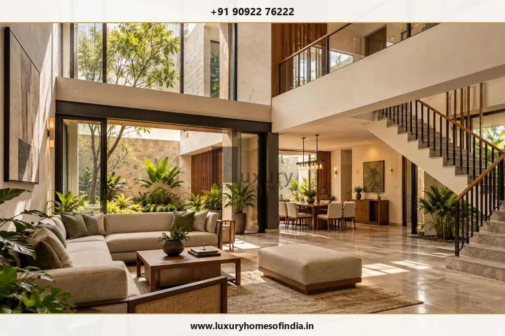Double-height luxury living room with architectural glass facade and coordinated structural steel columns