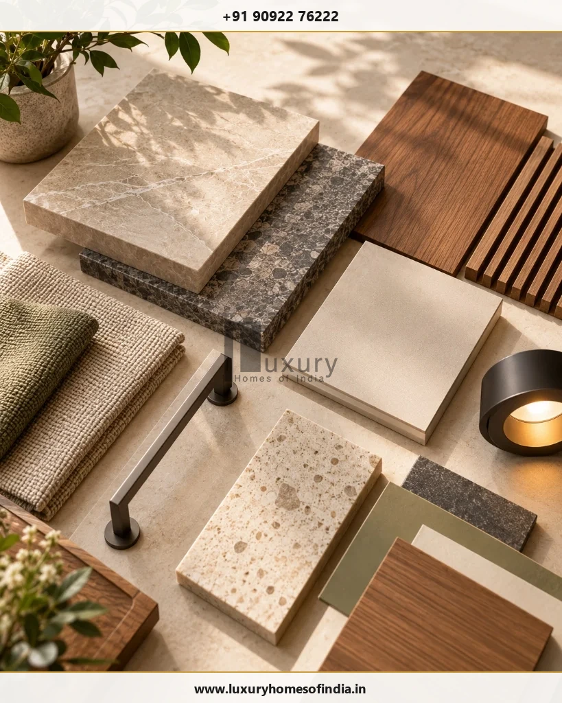 Curated material palette featuring natural granites, teak wood, anodized aluminum, and brass accents for custom homes