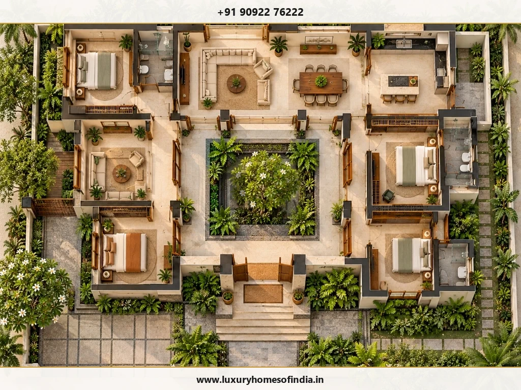 Conceptual spatial floor plan diagram showing relationships between living spaces and courtyard in Chennai