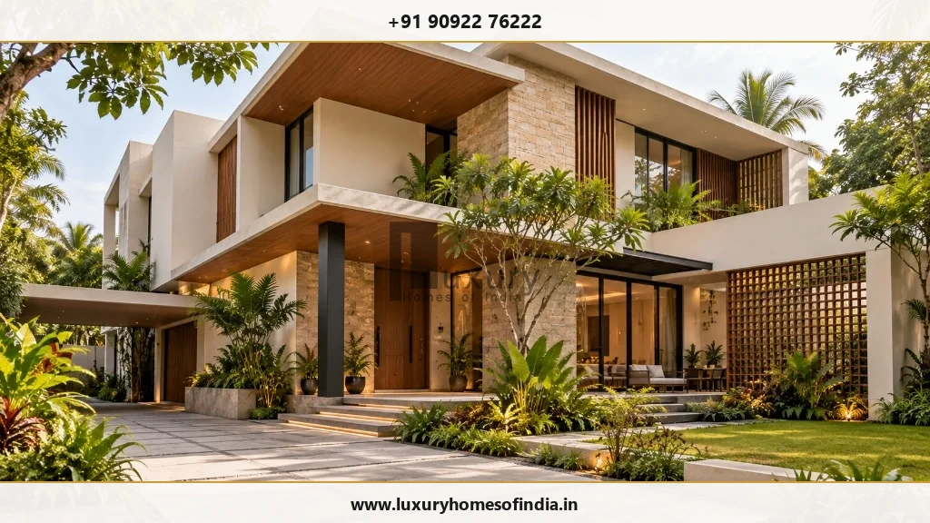 Custom luxury home builders in Chennai constructing a contemporary climate-responsive villa with wide verandas