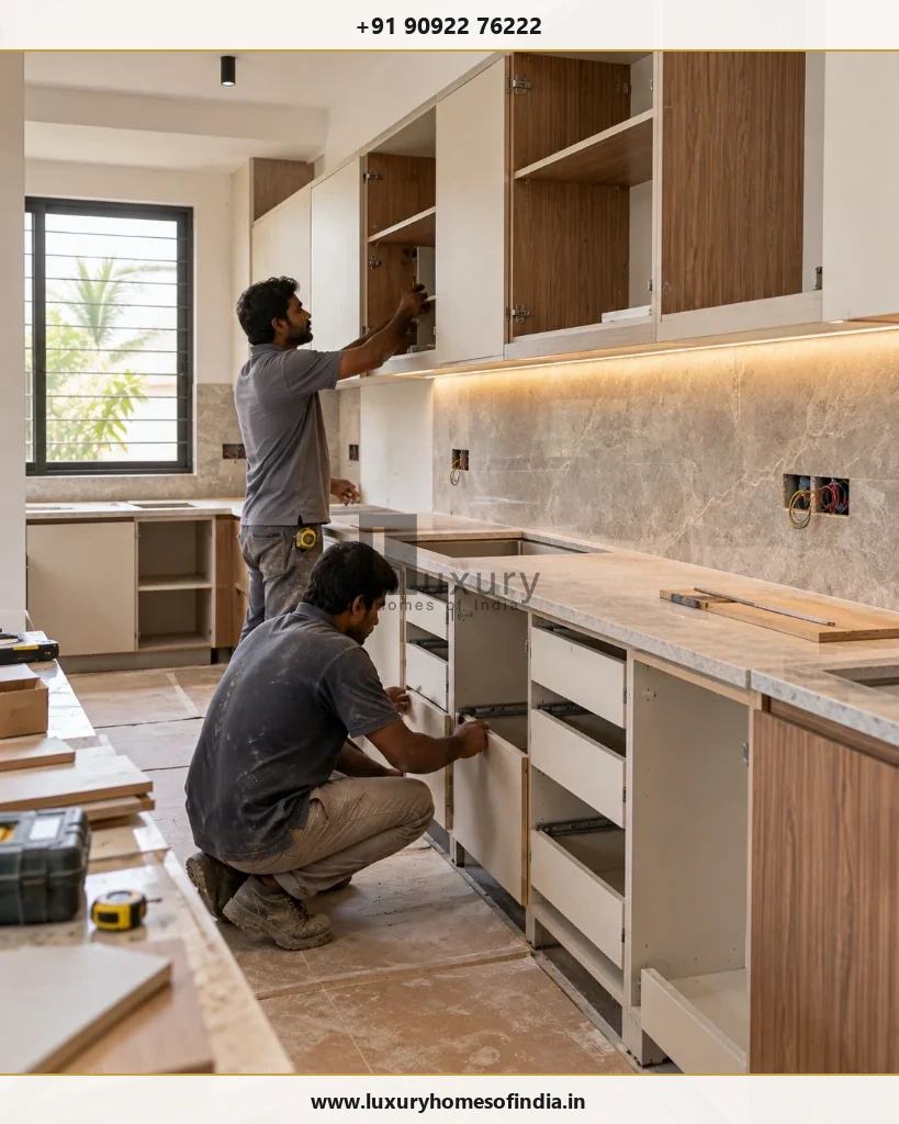 Craftsmen installing custom modular kitchen cabinetry with quartz countertop and concealed electrical provisions in Chennai