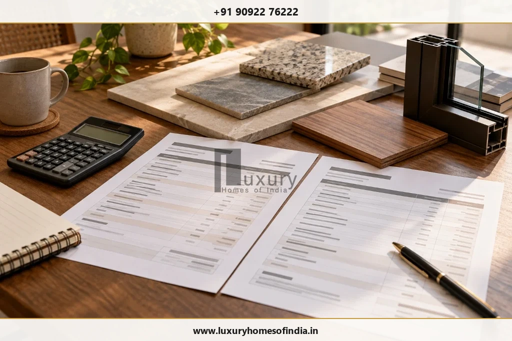 Homeowner comparing an itemised construction BOQ estimate against material specifications and finish samples