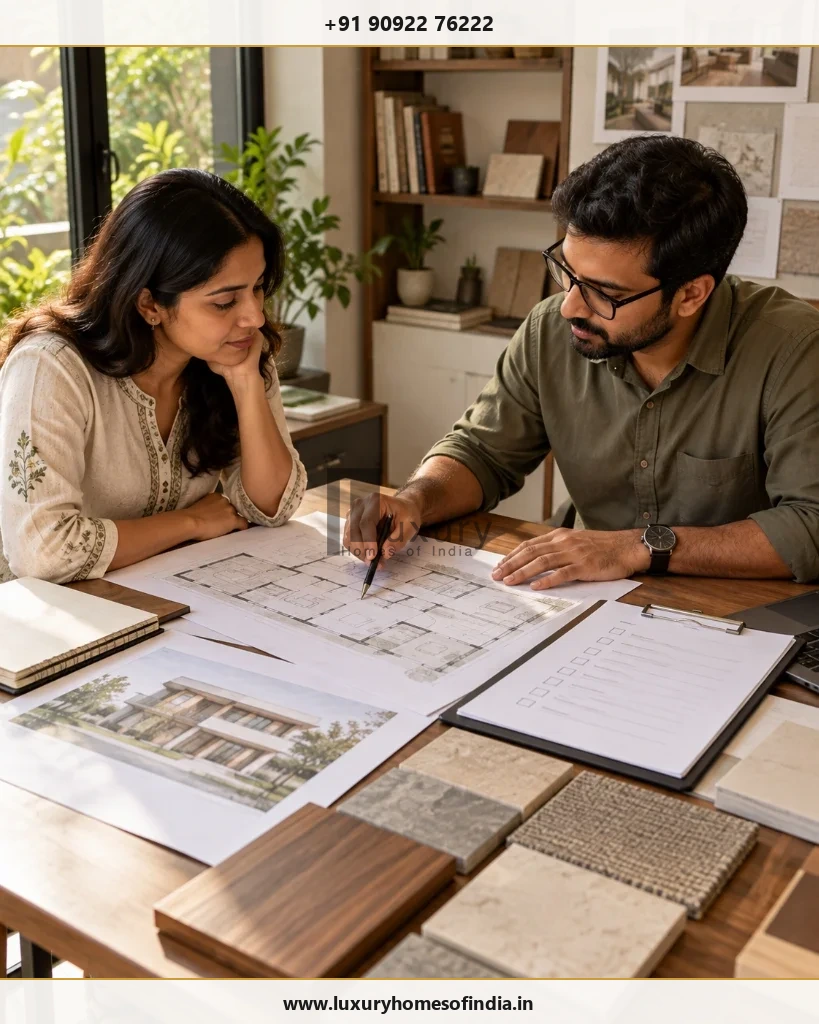 Homeowner and construction professional reviewing a scope checklist, floor plans and handover requirements