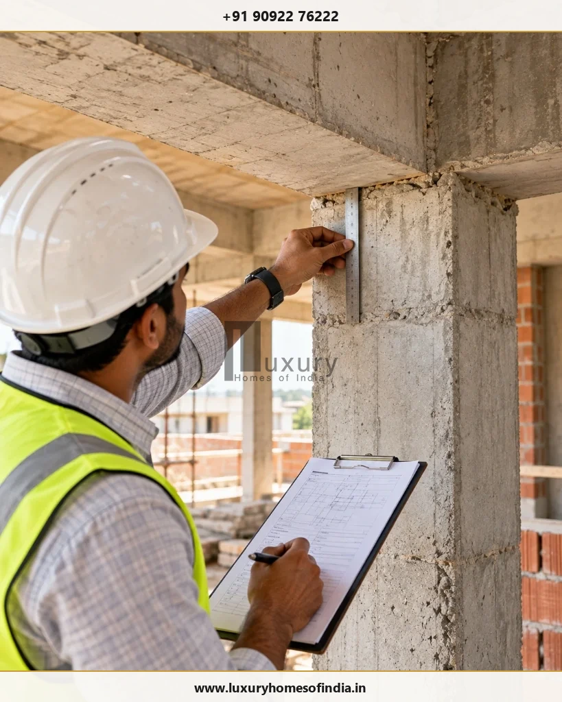 Realistic residential construction inspection measuring concrete column alignment with documented quality checklist