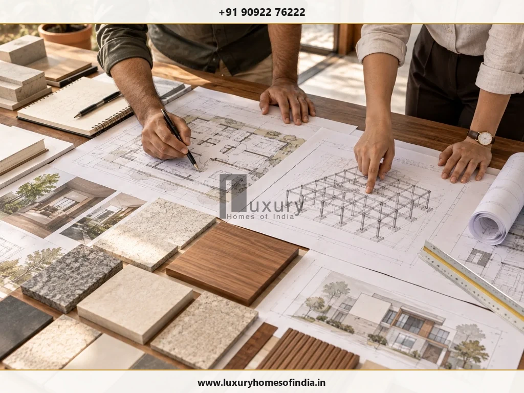 Coordinated residential design review with architectural plans, structural framing drawings and material samples