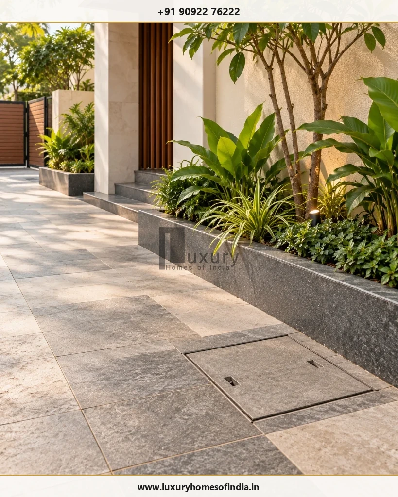 Contemporary home completed stone paving and landscaped edge beside a discreet accessible utility service chamber