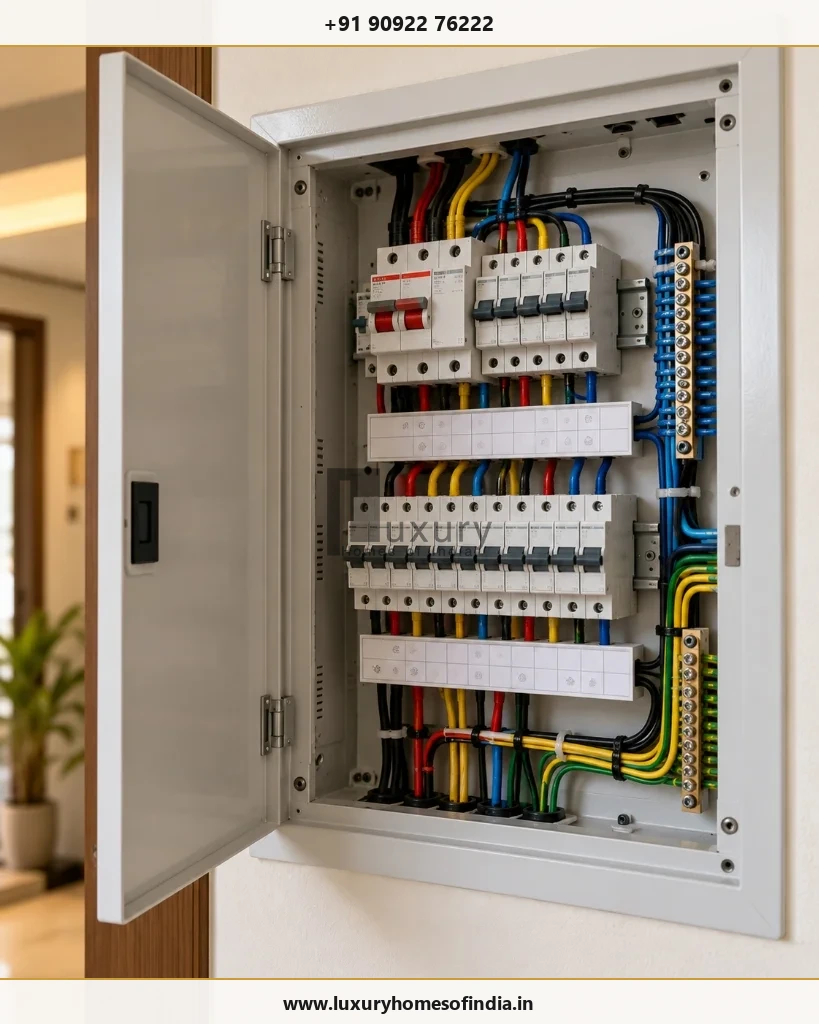 Main distribution board with MCB switches, RCD protection, and color-coded wiring