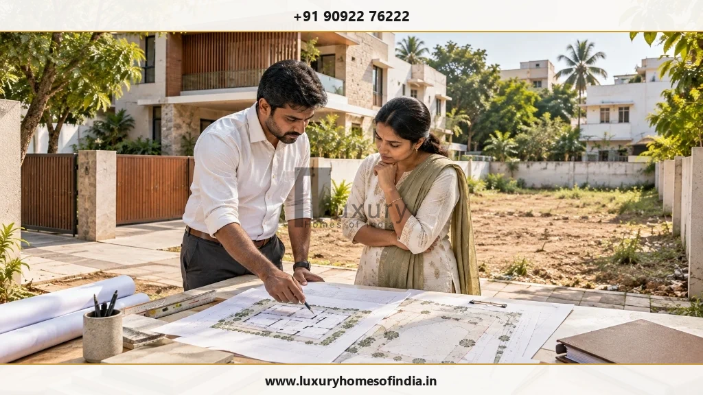 Chennai residential plot with an architect reviewing building approval documents and a proposed house plan