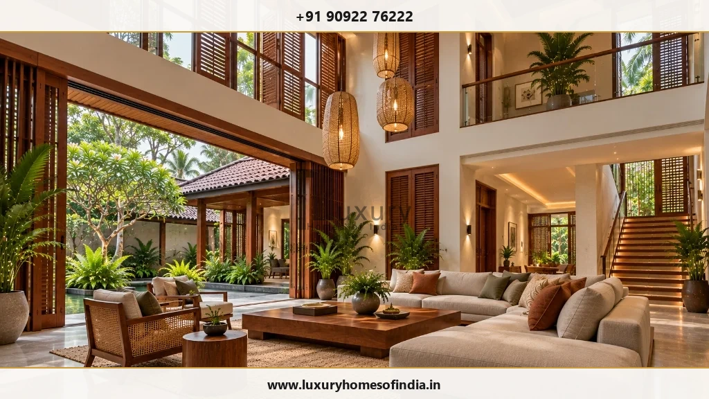 South Indian contemporary villa living room with a double-height volume in Chennai